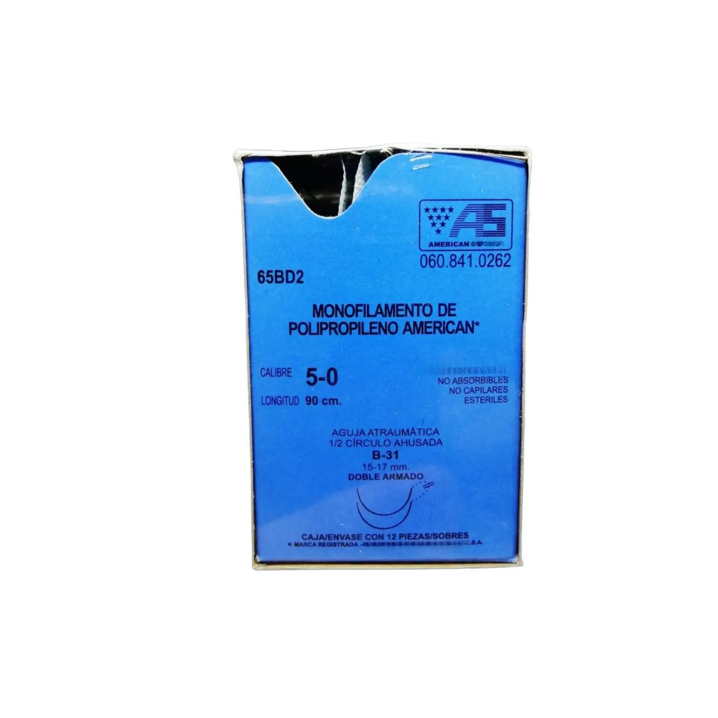 HILO POLIPROPILENO AMERICAN SUTURE CALIBRE 5-0,DOBLE AGUJA ATRAUMATICA 1/2 CIRCULO AHUSADA 15-17MM CAJA CON 12 PIEZAS 060.841.0262