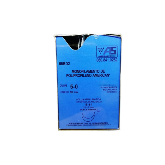 HILO POLIPROPILENO AMERICAN SUTURE CALIBRE 5-0,DOBLE AGUJA ATRAUMATICA 1/2 CIRCULO AHUSADA 15-17MM CAJA CON 12 PIEZAS 060.841.0262