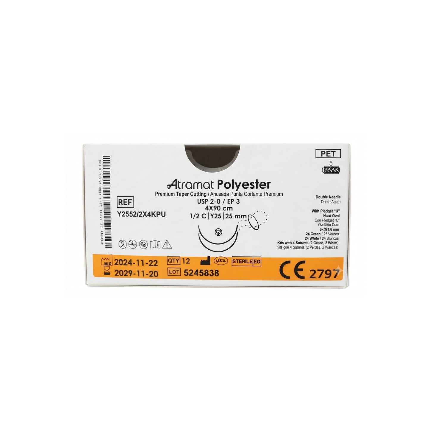 HILO POLIESTER (POLYESTER) ATRAMAT CON DOBLE AGUJA AHUSADA PUNTA CORTANTE 25MM HEBRA DE 4X90CM CAJA CON 12 KITS
