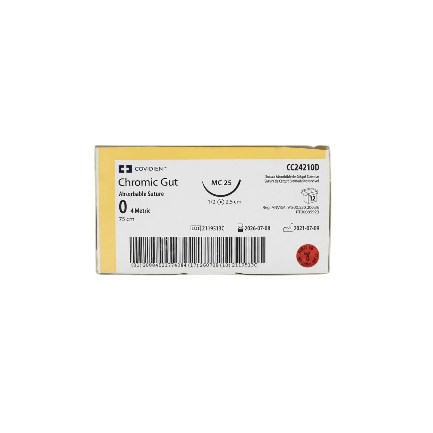 Hilo Catgut Crómico 0, Aguja ahusada 25 mm, Hebra 75 cm, Marca Covidien,CAJA CON 12 PIEZAS