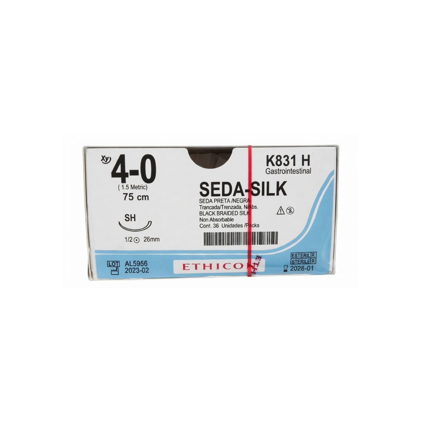 Hilo Seda negra, 4-0, trenzada, 26 mm, 75 cm, Gastrointestinal, No absorbible. Marca Ethicon. 36 pz.