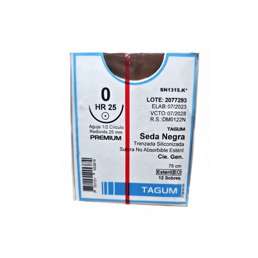 Hilo Seda Negra 0, Aguja 1/2 círculo redonda 25 mm, Hebra 75 cm, Marca TAGUM, Caja con 12 piezas