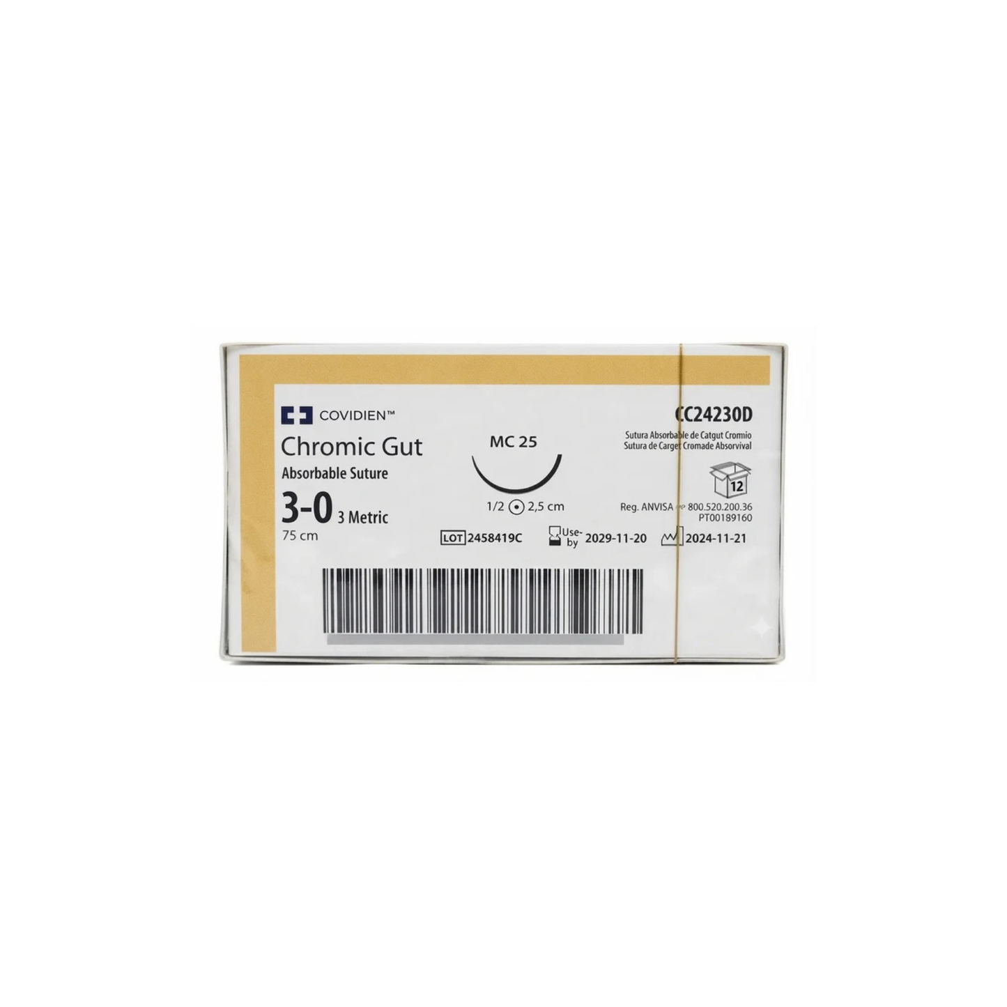HILO CROMICO 3-0 COVIDIEN C/AGUJA DE 1/2 CIRCULO 25CMX75CM CAJA CON 12 PIEZAS