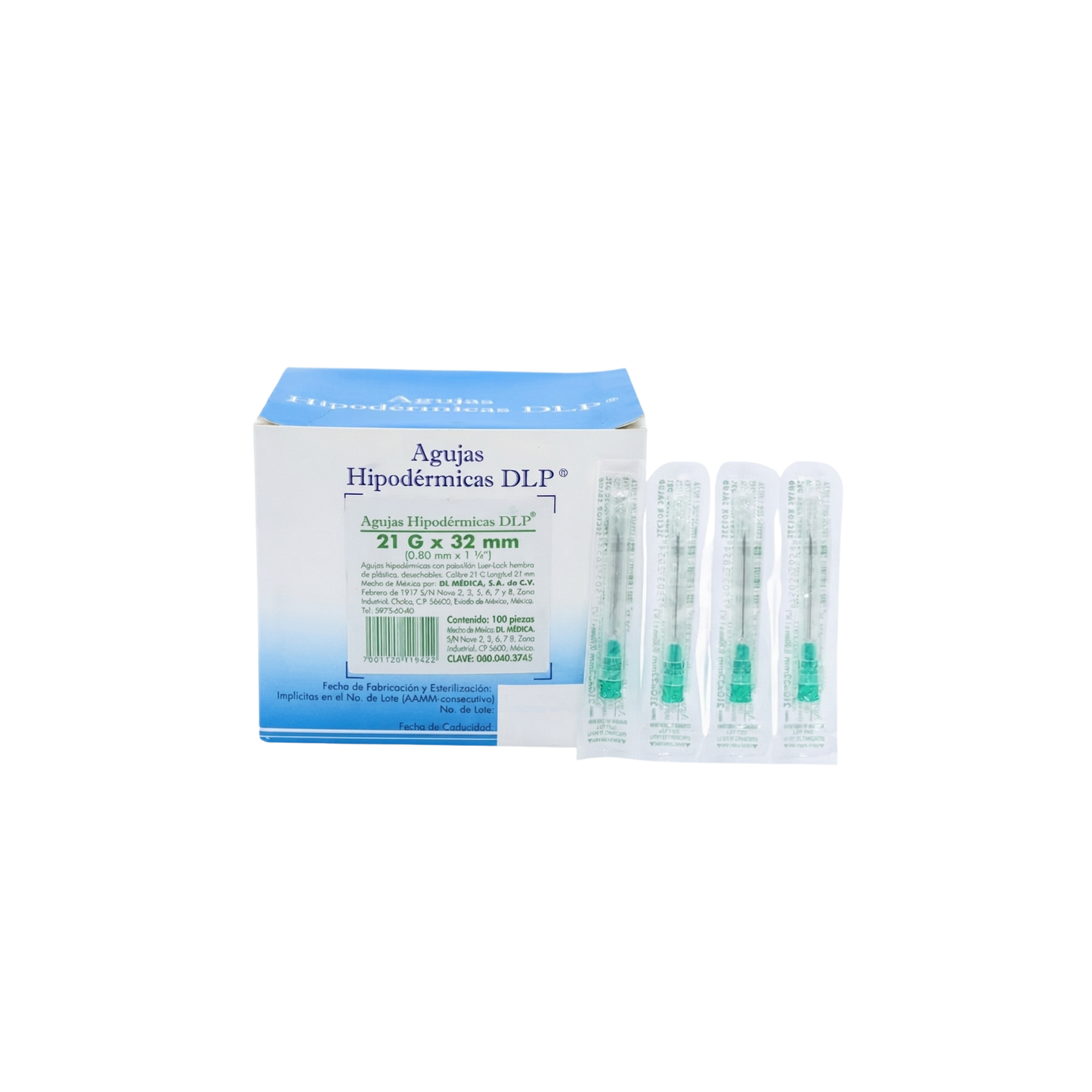 AGUJAS HIPODERMICAS CON PABELLON LUER-LOCK ESTERILES Y DESECHABLES 21G X 32MM MARCA DLP CAJA CON 100 PIEZAS