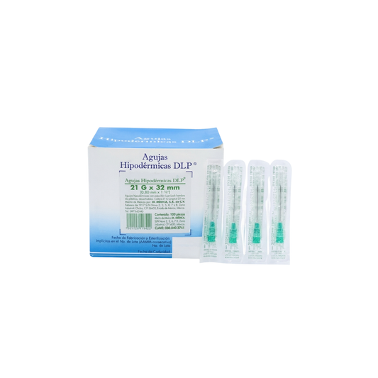 AGUJAS HIPODERMICAS CON PABELLON LUER-LOCK ESTERILES Y DESECHABLES 21G X 32MM MARCA DLP CAJA CON 100 PIEZAS