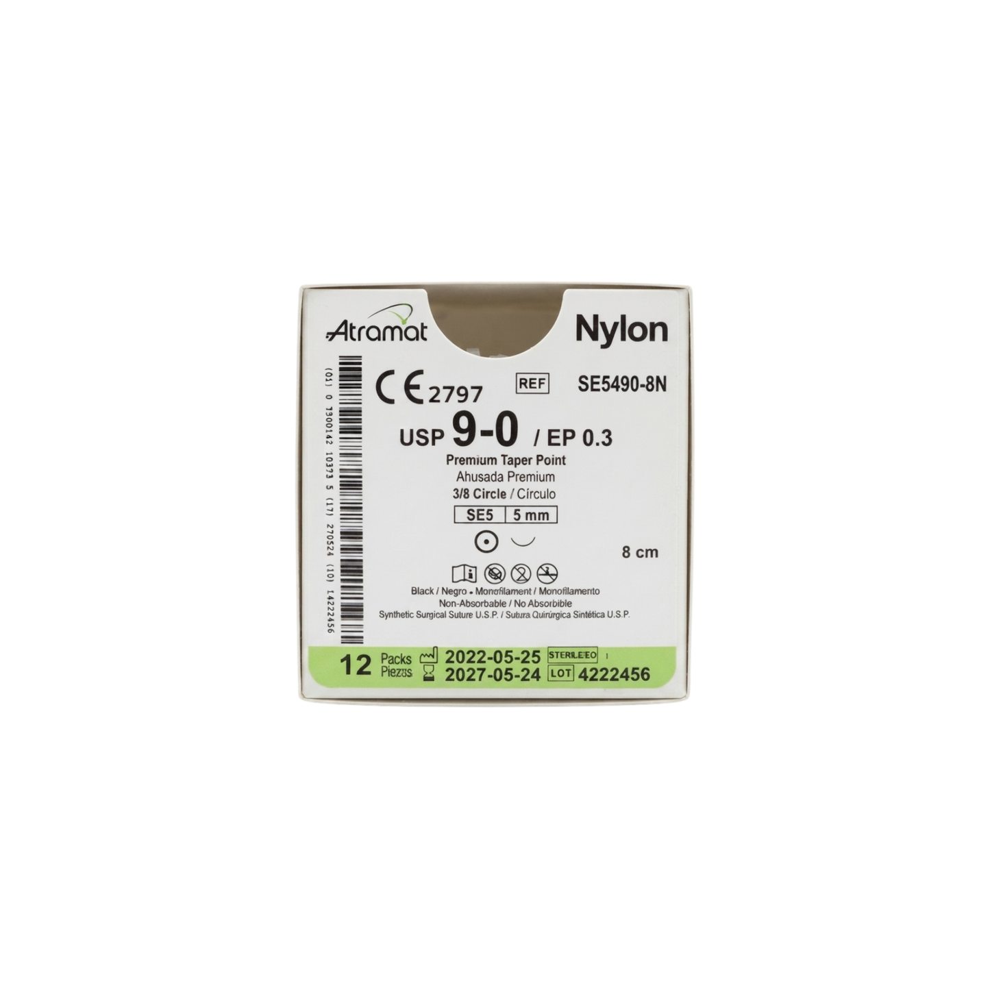Hilo Nylon 9-0, Aguja 3/8 círculo ahusada 5 mm, Hebra 8 cm, Marca Atramat, Caja con 12 piezas