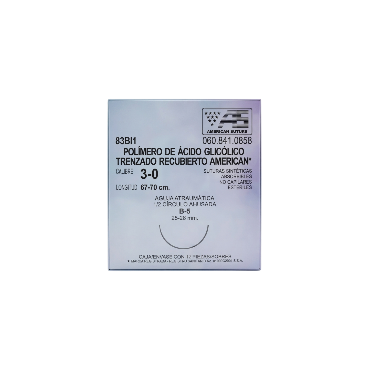 hilo Ácido Poliglicólico 3-0, Aguja 1/2 círculo ahusada 26 mm, Hebra 70 cm, Marca American Suture, Caja con 12 piezas