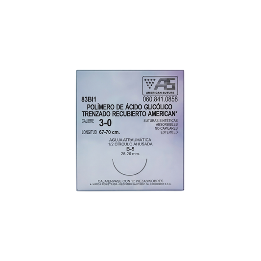 hilo Ácido Poliglicólico 3-0, Aguja 1/2 círculo ahusada 26 mm, Hebra 70 cm, Marca American Suture, Caja con 12 piezas