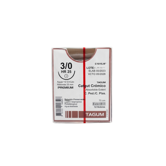 Hilo Catgut Crómico 3-0, Aguja 1/2 círculo redonda 25 mm, Hebra 75 cm, Marca TAGUM, Caja con 12 piezas
