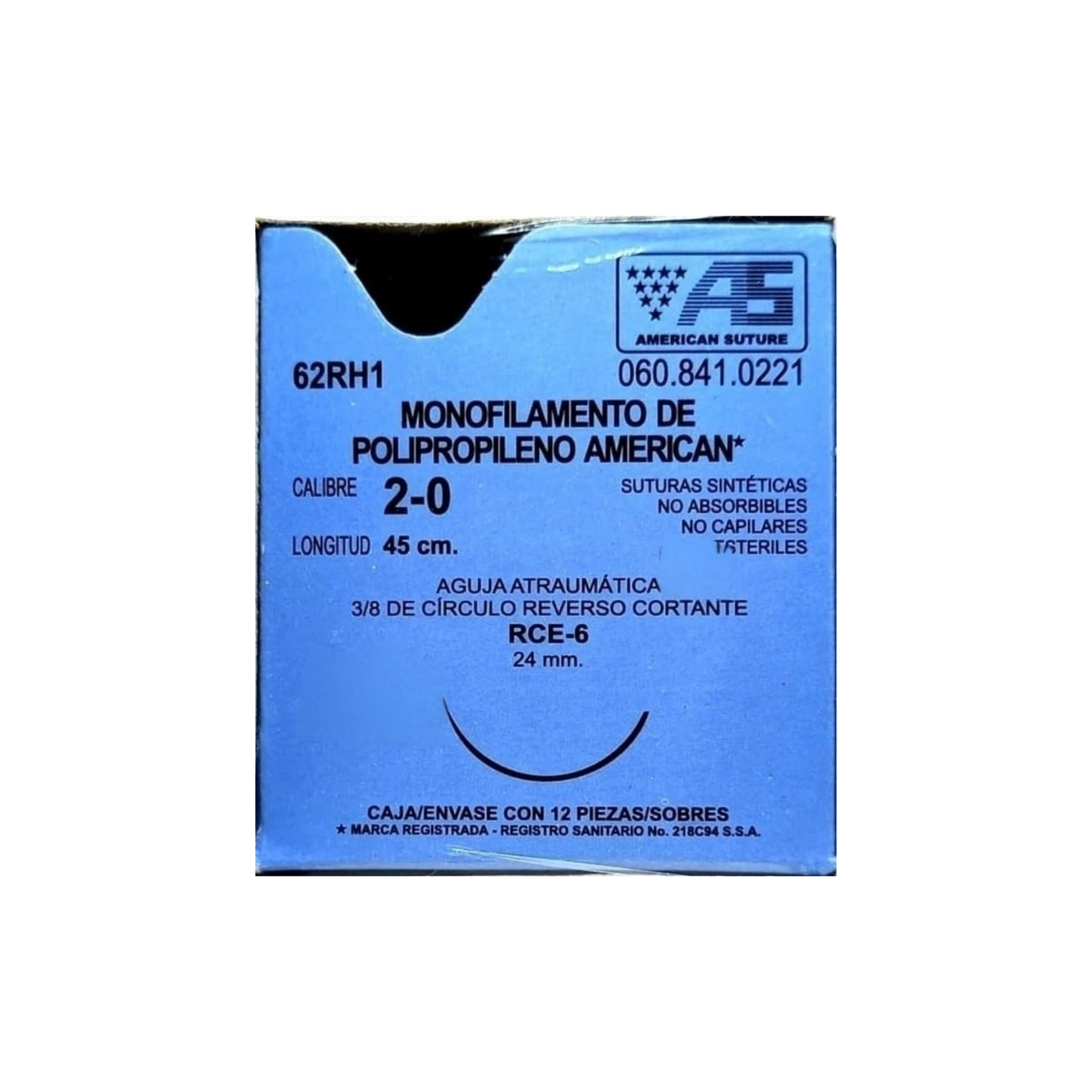 Hilo Polipropileno 2-0, Aguja 3/8 círculo reverso cortante 24 mm, Hebra 45 cm, Marca American Suture, Caja con 12 piezas