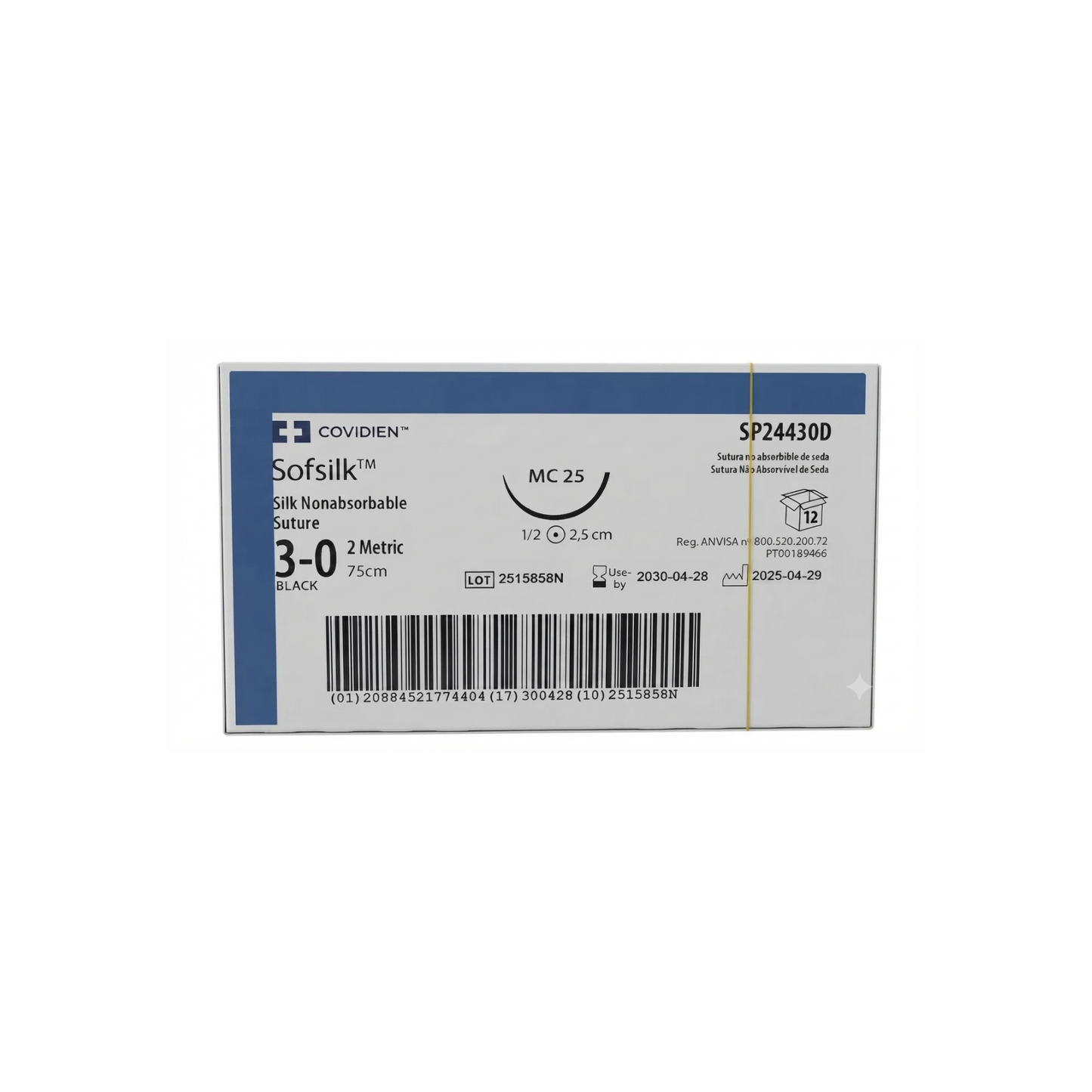 Hilo Seda 3-0 Aguja medio círculo, 2.5 cm, longitud 75 cm, Marca Covidien, Caja con 12 Piezas