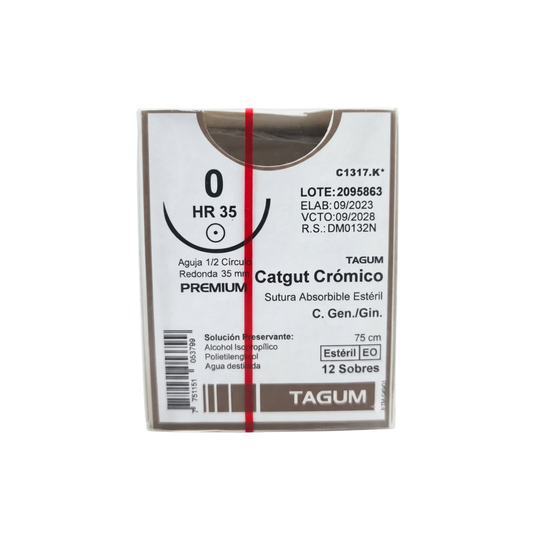 Hilo Catgut Crómico 0, Aguja ahusada 35 mm, Hebra 75 cm, Marca TAGUM, Caja con 12 piezas