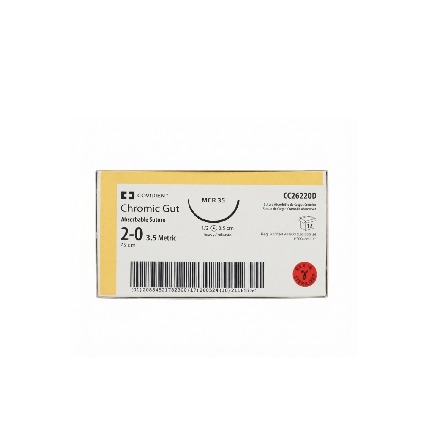 Hilo Catgut Crómico 2-0, Aguja ahusada gruesa 35 mm, Hebra 75 cm, Marca Covidien, Caja con 12 piezas