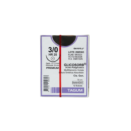 hilo Ácido Poliglicólico 3-0, Aguja 1/2 círculo redonda 25 mm, Hebra 70 cm, Marca TAGUM, Caja con 12 piezas