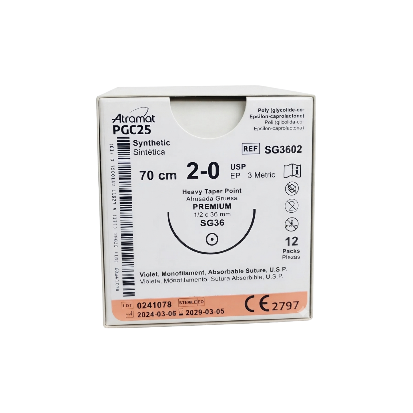 HILO ATRAMAT PGC25 2-0 AGUJA 1/2 CIRCULO AHUSADA GRUESA 36MM HEBRA DE 70 CM ( PREMIUM )CAJA CON 12 PIEZAS