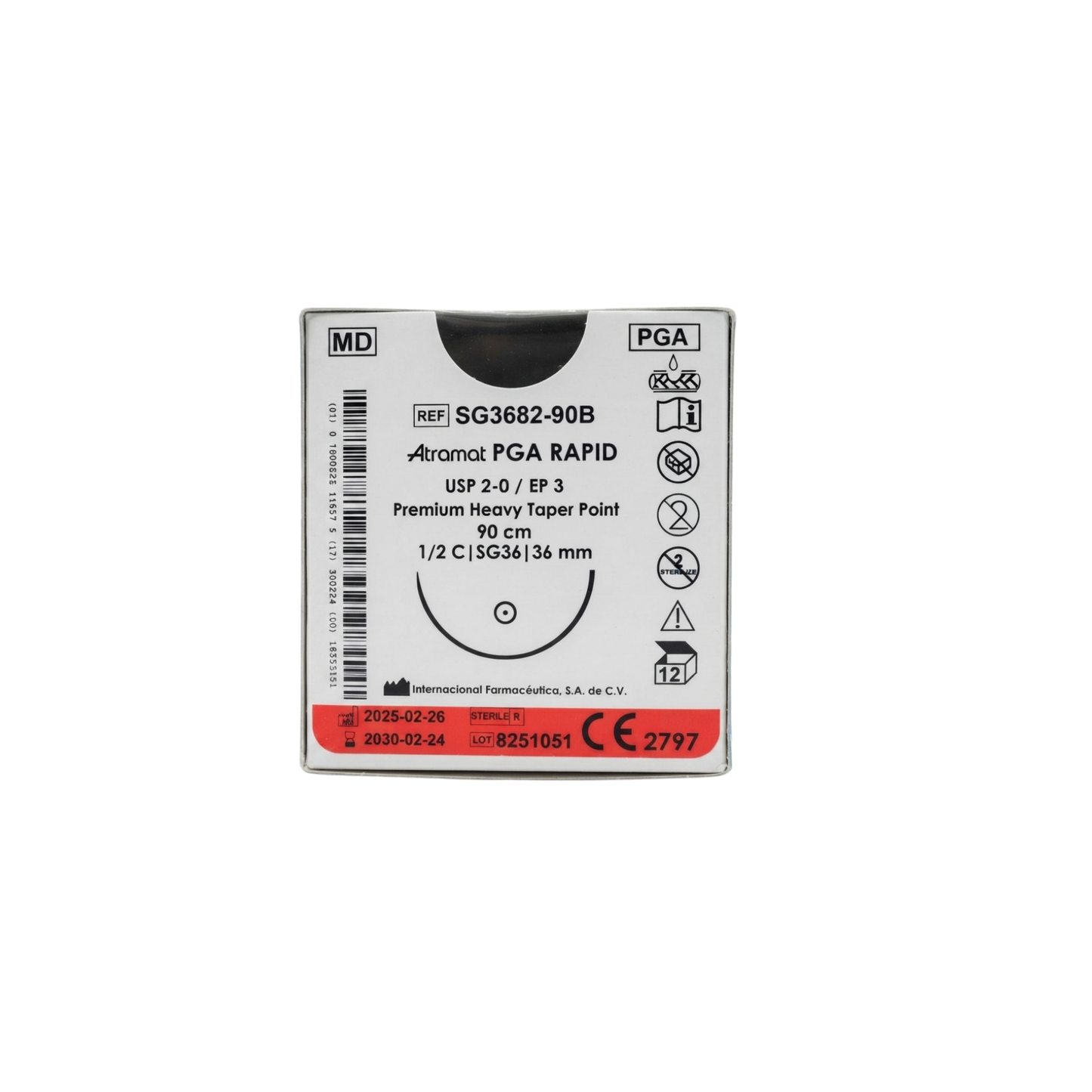 HILO PGA (ACIDO POLIGLICOLICO) ATRAMAT 2-0 AGUJA 1/2 CIRCULO AHUSADA PREMIUM 36MM HEBRA DE 90CM C/12 PIEZAS REF: SG3682-90B