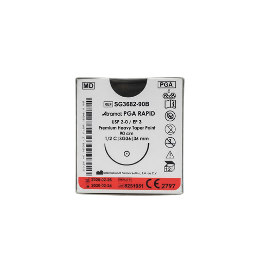HILO PGA (ACIDO POLIGLICOLICO) ATRAMAT 2-0 AGUJA 1/2 CIRCULO AHUSADA PREMIUM 36MM HEBRA DE 90CM C/12 PIEZAS REF: SG3682-90B