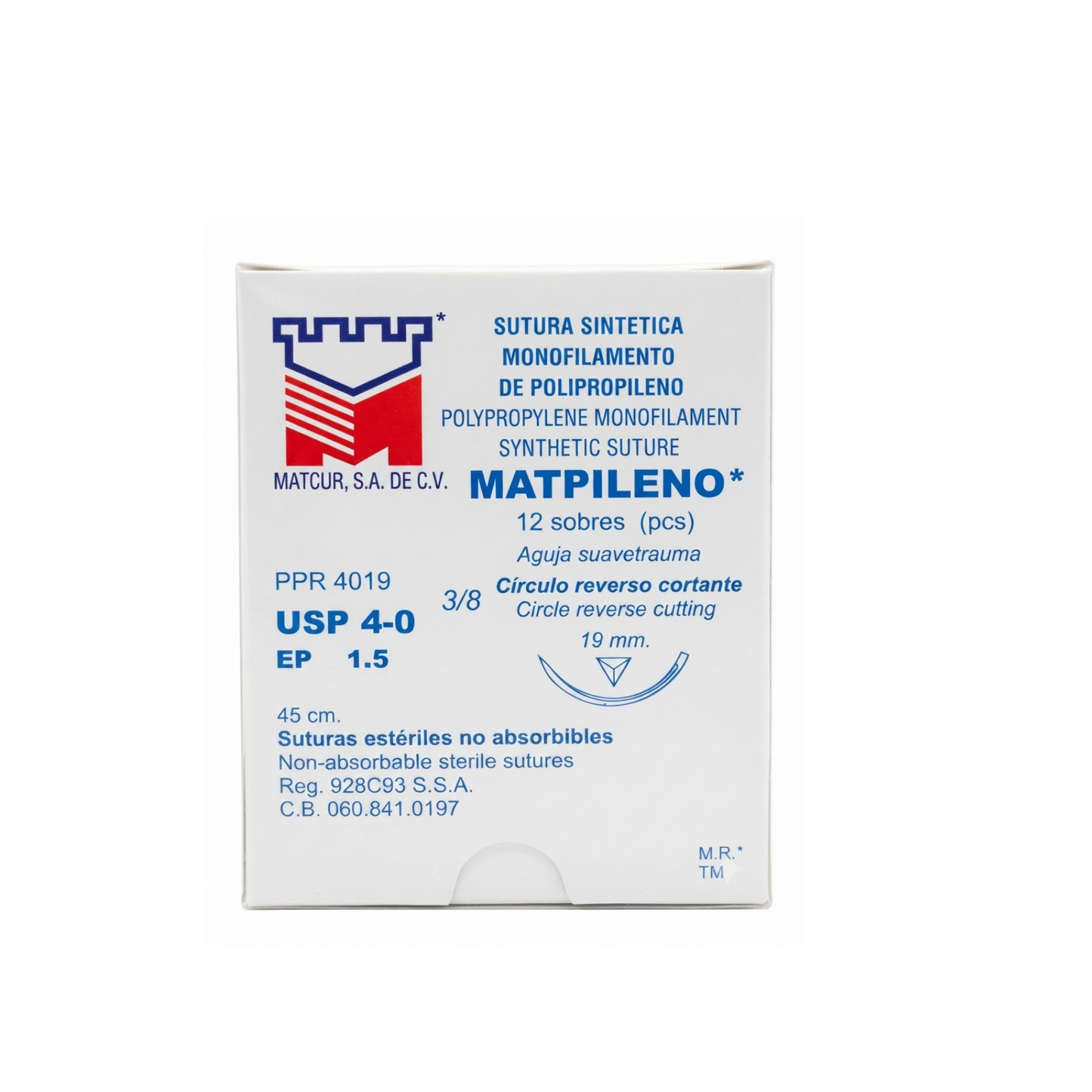 HILO POLIPROPILENO MATCUR 4-0 CON AGUJA 3/8 CORTANTE 19MM HEBRA DE 45CM CAJA CON 12 PIEZAS