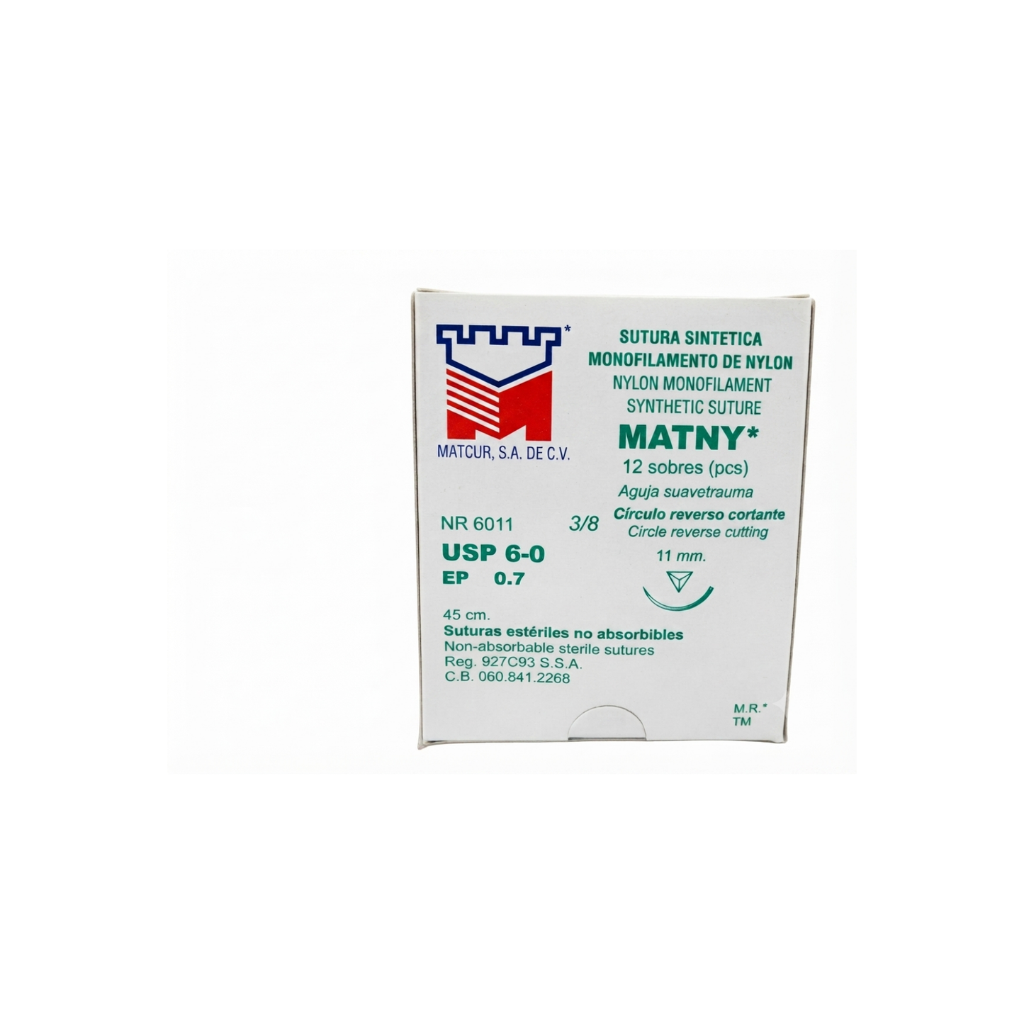 HILO NYLON 6-0 MATCUR AGUJA 3/8 DE CIRCULO CORTANTE 11MM HEBRA DE 45CM CAJA CON 12 PIEZAS