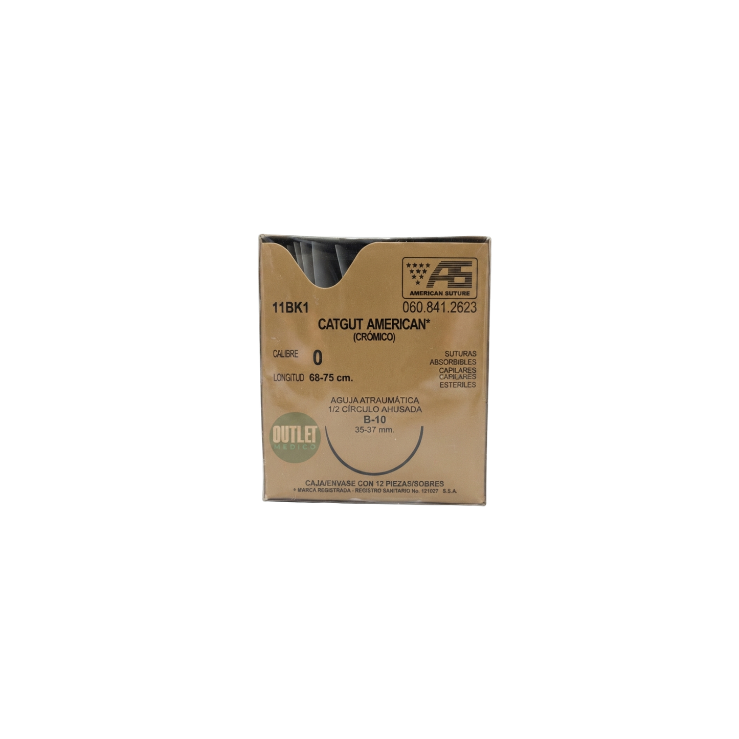 Hilo Catgut Crómico 0, Aguja ahusada gruesa 37 mm, Hebra 75 cm, Marca American Suture, Caja con 12 piezas
