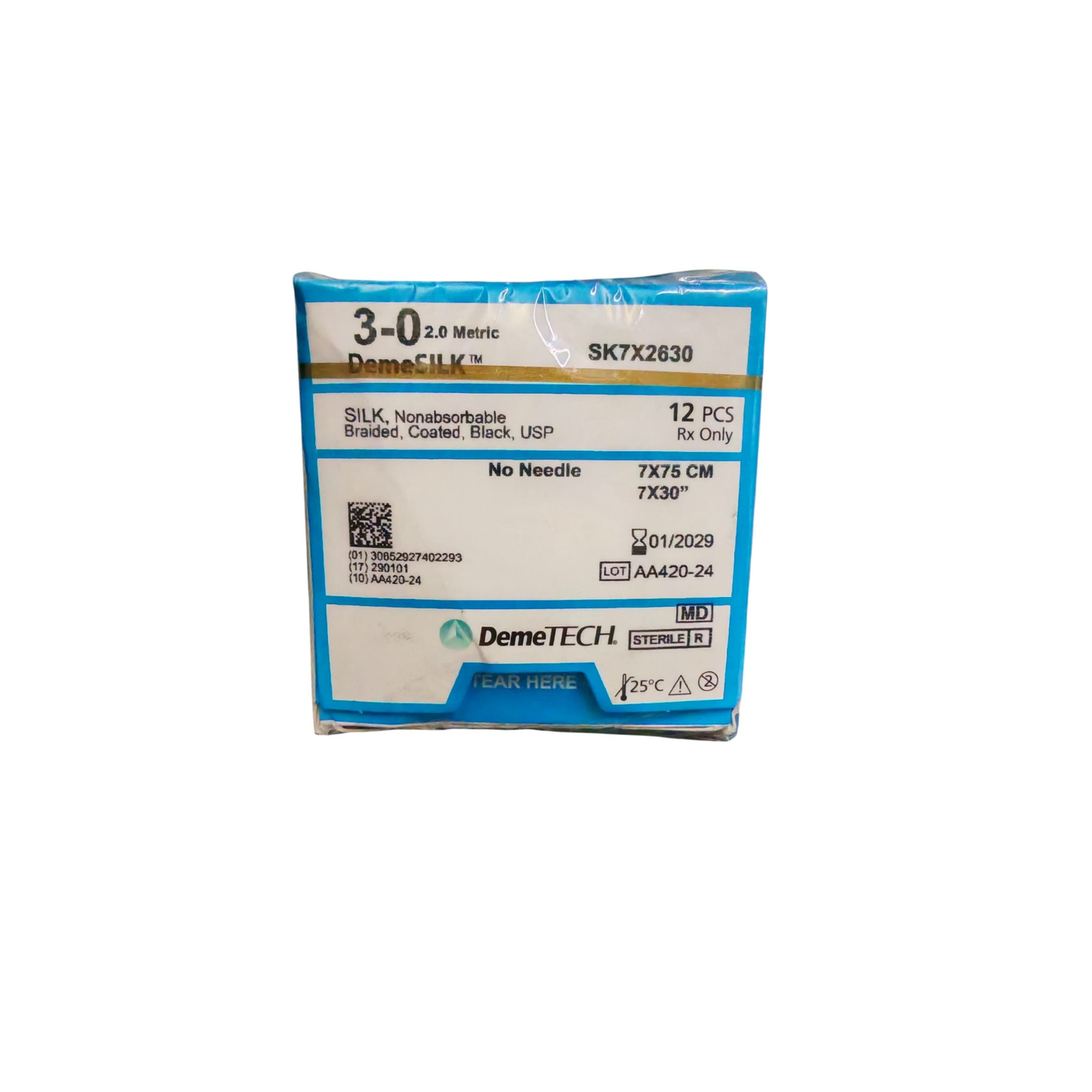 HILO SEDA 3-0 DEMETECH SIN AGUJA 7X75CM REF: SK7X2630 CAJA CON 12 PIEZAS
