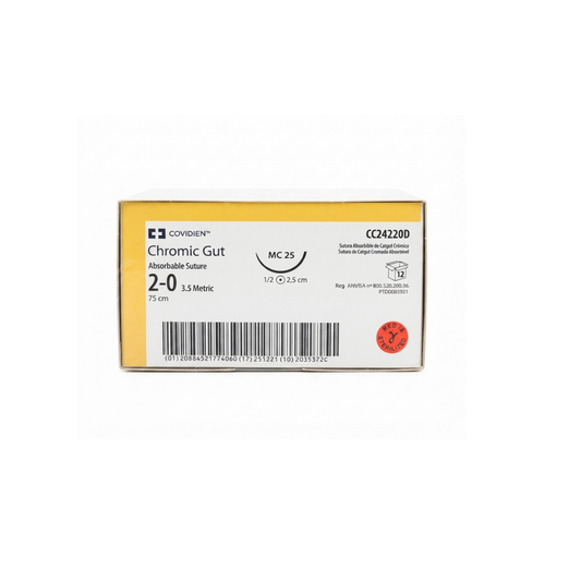 Hilo Catgut Crómico 2-0, Aguja ahusada gruesa 25 mm, Hebra 75 cm, Marca Covidien, Caja con 12 piezas