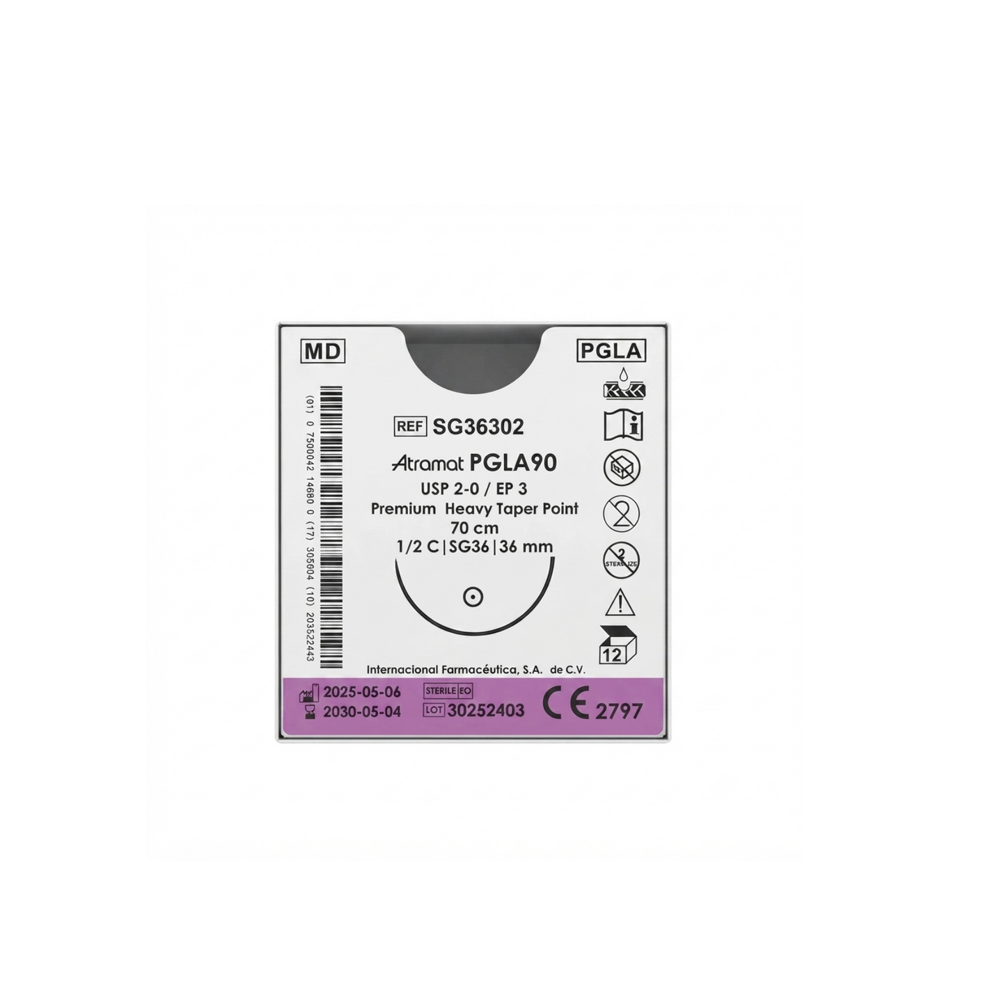HILO  PGLA90 ATRAMAT 2-0 AGUJA 1/2 CIRCULO PREMIUM 36MM, HEBRA 70 CM, CAJA CON 12 PIEZAS