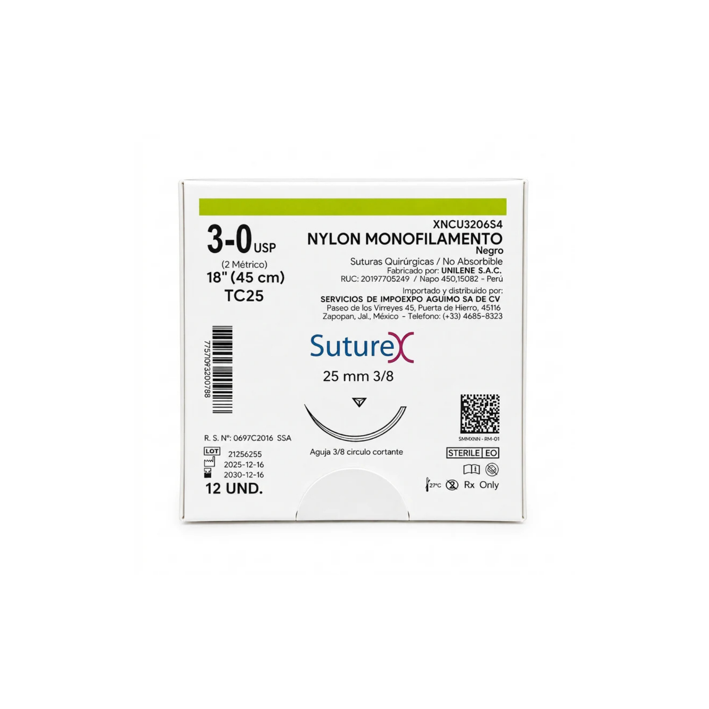 HILO NYLON 3-0 SUTUREX CON AGUJA 3/8 CORTANTE 25MM HEBRA DE 45 CM CAJA CON 12 SOBRES