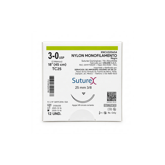 HILO NYLON 3-0 SUTUREX CON AGUJA 3/8 CORTANTE 25MM HEBRA DE 45 CM CAJA CON 12 SOBRES