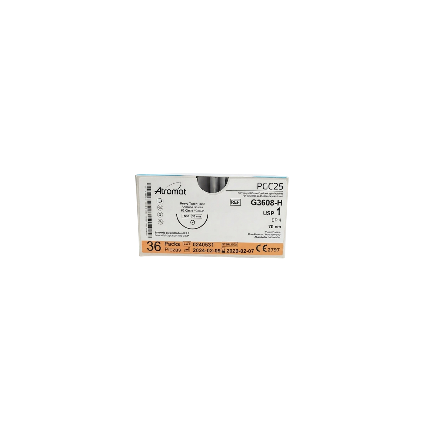 HILO PGC25 2-0, Aguja 1/2 círculo ahusada gruesa 36 mm, Hebra 70 cm, Marca Atramat, Caja con 36 piezas