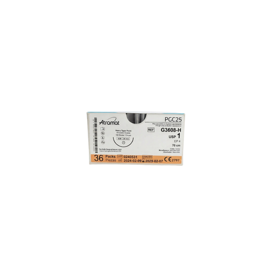 HILO PGC25 2-0, Aguja 1/2 círculo ahusada gruesa 36 mm, Hebra 70 cm, Marca Atramat, Caja con 36 piezas