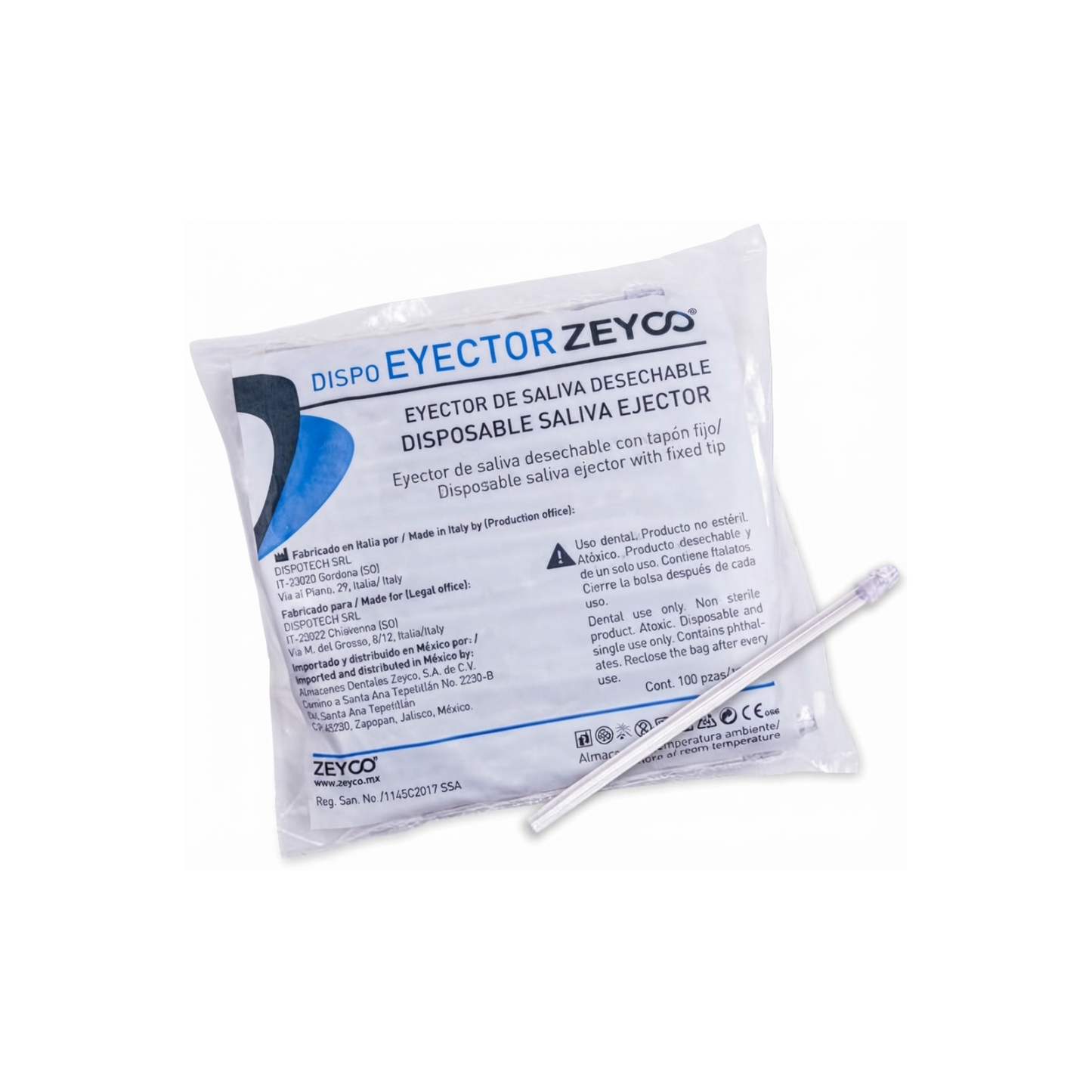 EYECTOR DE SALIVA DESECHABLE CON TAPON FIJO DE 15 CM ZEYCO PAQUETE CON 100 PIEZAS