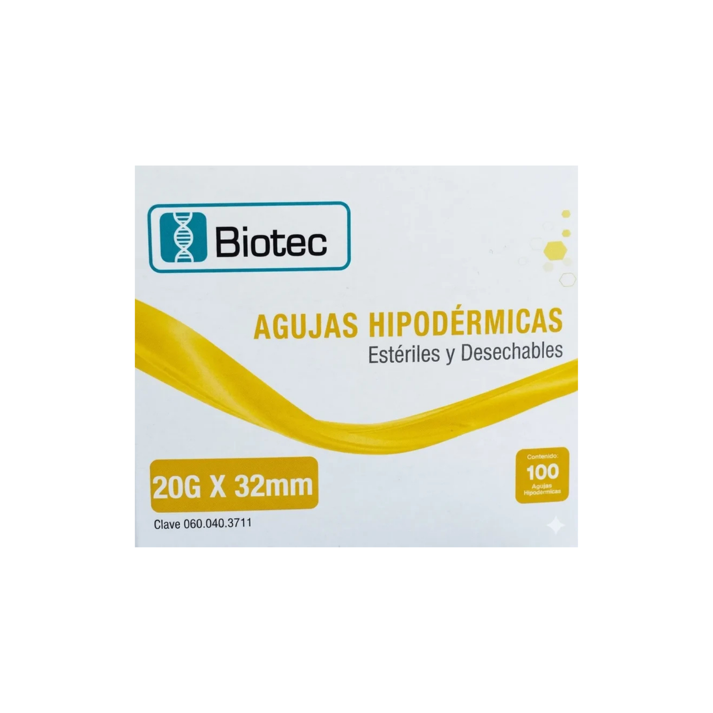 AGUJAS HIPODERMICAS ESTERILES Y DESECHABLES 20G X 32MM MARCA BIOTEC CAJA CON 100 PIEZAS