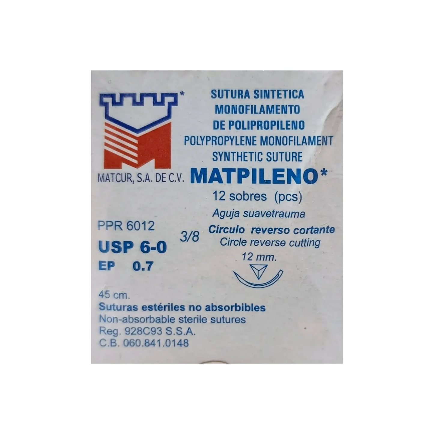 HILO POLIPROPILENO MATCUR 6-0 CON AGUJA 3/8 DE CIRCULO REVERSO CORTANTE 12MM,HEBRA DE 45 CM CAJA CON 12 PIEZAS