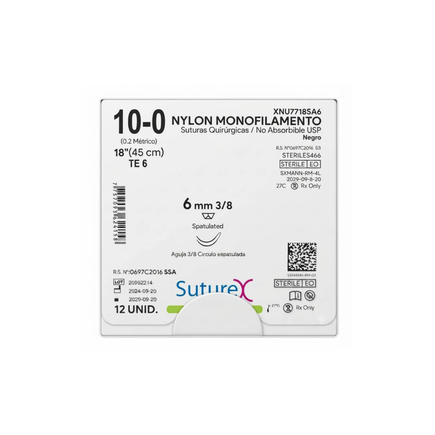 Hilo Nylon 10-0, Doble aguja 3/8 círculo espatulada 6 mm, Hebra 45 cm, Marca Suturex, Caja con 12 piezas