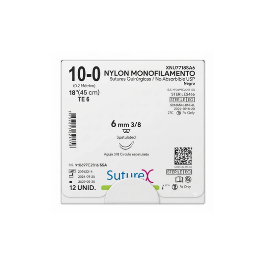 Hilo Nylon 10-0, Doble aguja 3/8 círculo espatulada 6 mm, Hebra 45 cm, Marca Suturex, Caja con 12 piezas