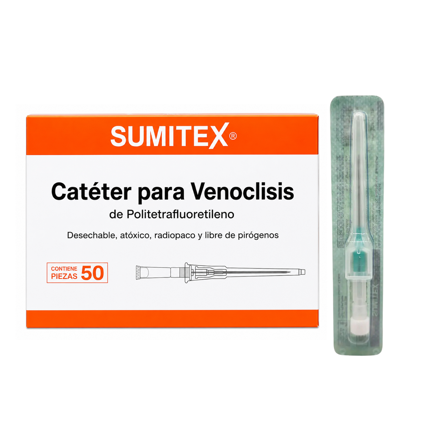 CATETER PARA VENOCLISIS DE POLIURETANO 18 G VERDE SUMITEX CAJA CON 50 PIEZAS