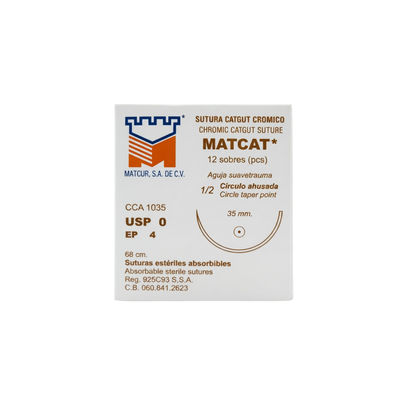 hilo Catgut Crómico 0, Aguja suave trauma 1/2 círculo 35 mm, Hebra 68 cm, Marca Matcur, Caja con 12 piezas