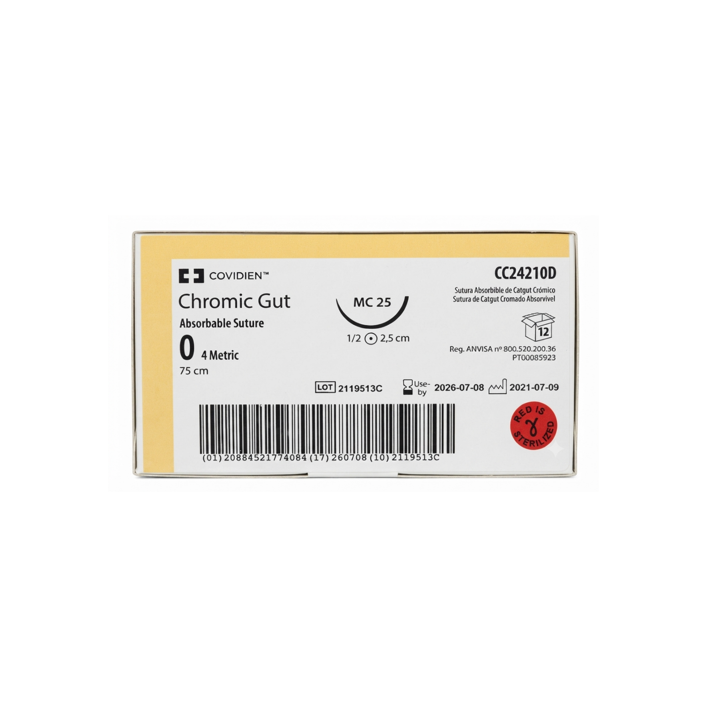 Hilo Catgut Crómico 0, Aguja 1/2 círculo ahusada 25 mm, Hebra 75 cm, Marca Covidien, Caja con 12 piezas