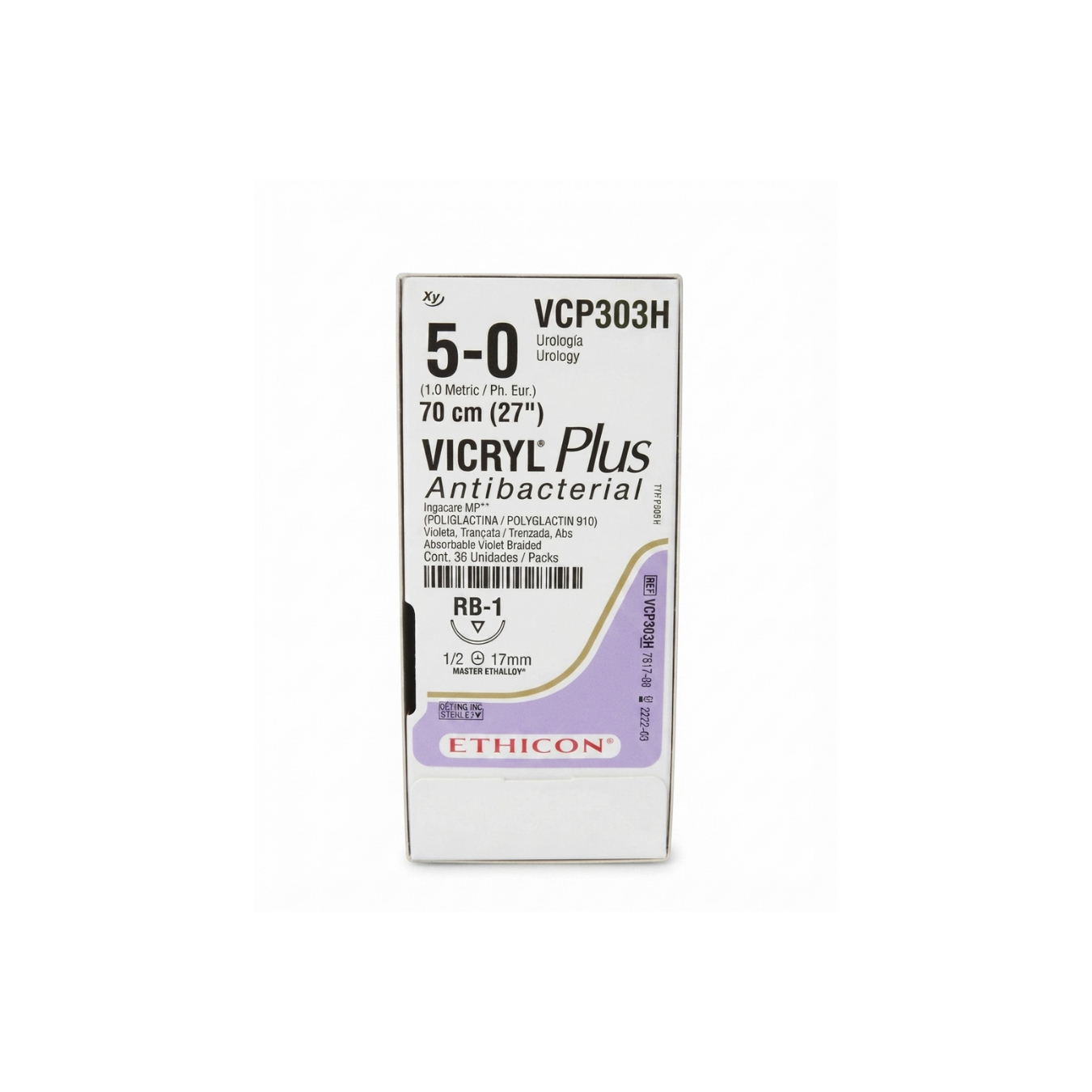 HILO VICRYL PLUS (POLIGLACTINA) 5-0 ETHICON AGUJA 1/2 CIRCULO 17MM HEBRA DE 70CM CAJA CON 36PIEZAS