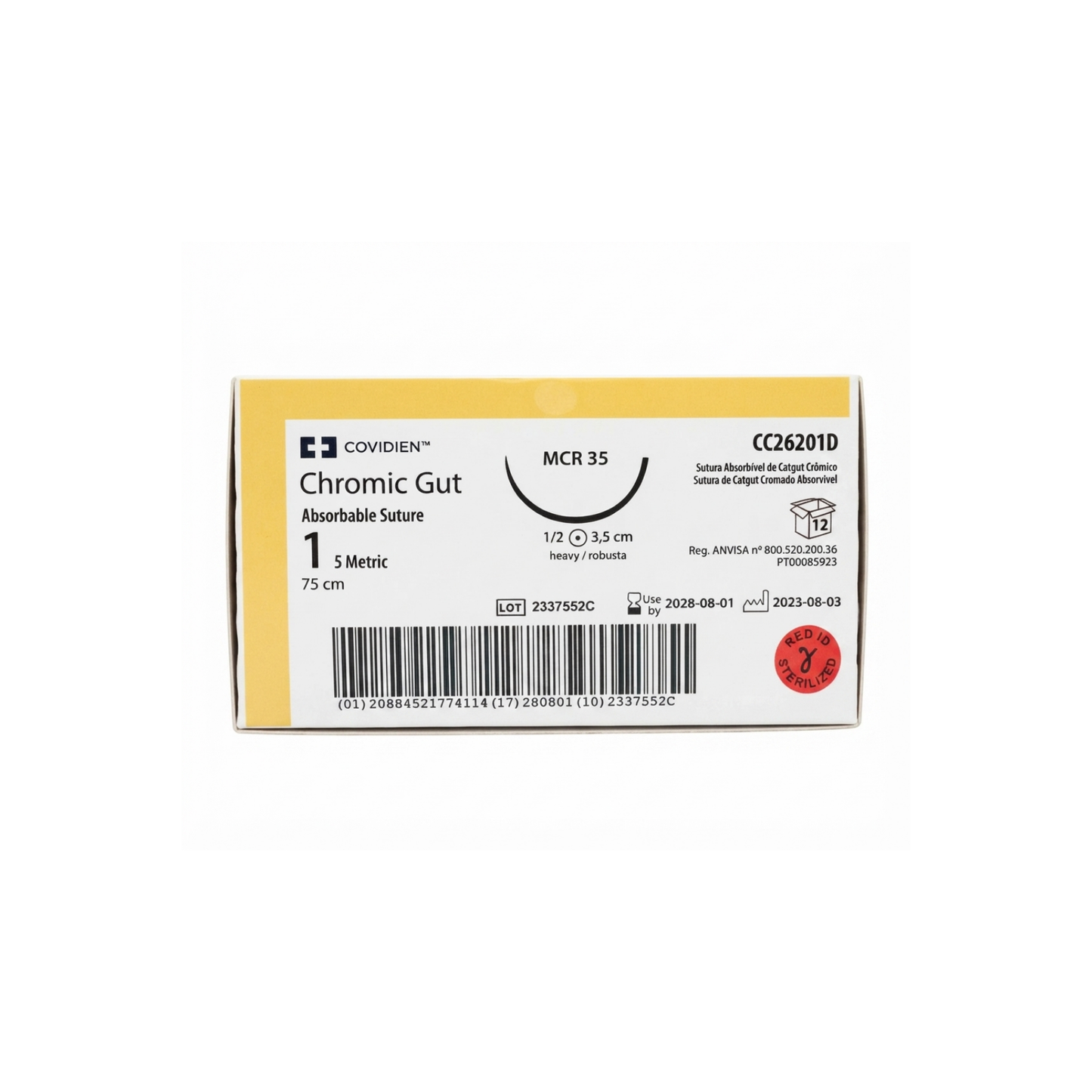 Hilo Catgut Crómico 1, Aguja 1/2 círculo robusta 35 mm, Hebra 75 cm, Caja con 12 piezas