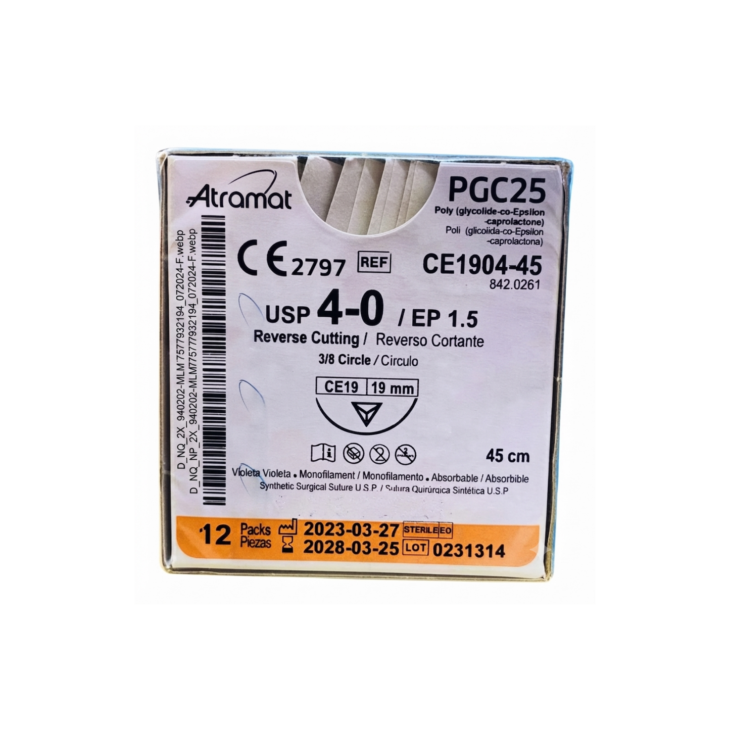 PGC25 4-0 (Monocryl) Aguja Cortante Precisión de 19 mm Hebra 45 CM Atramat CE1904-45 Caja con 12 piezas