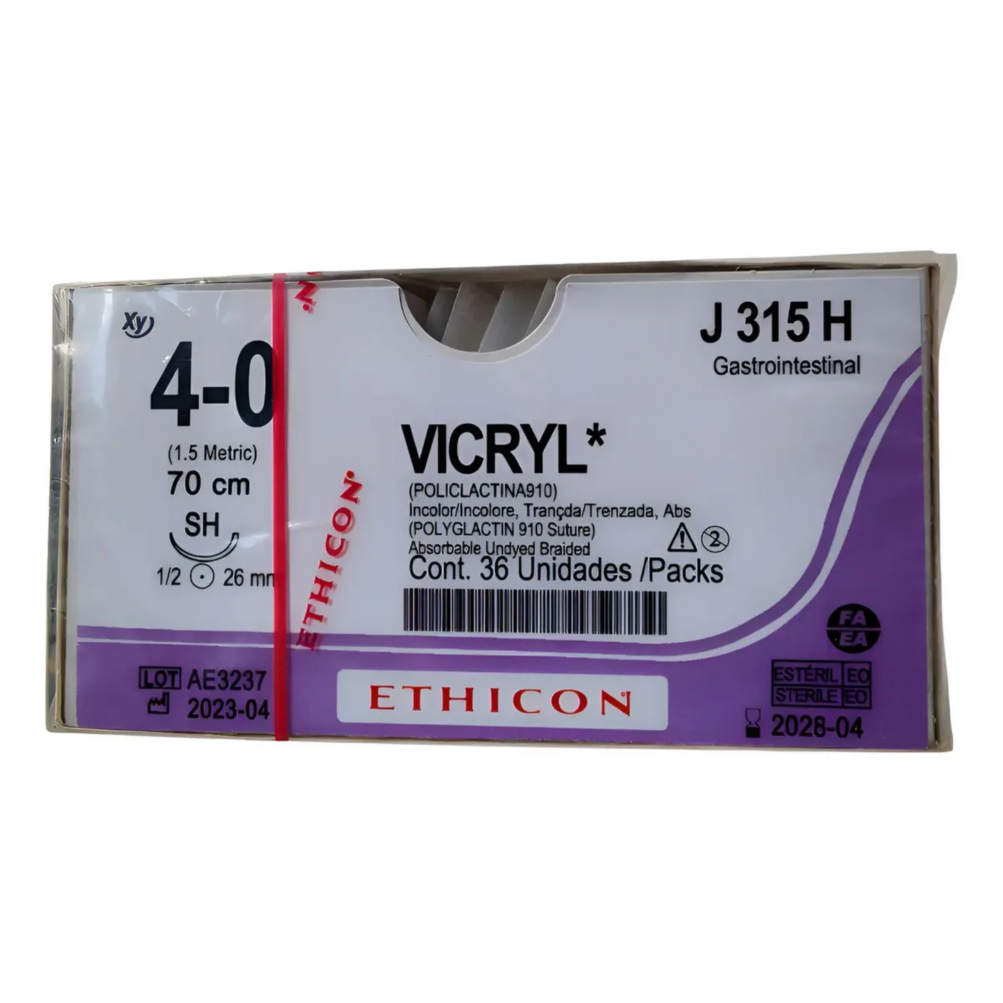 HILO VICRYL ETHICON CALIBRE 4-0 AGUJA 1/2 SH 26 MM,HEBRA 70 CM,CAJA CON 36 PIEZAS