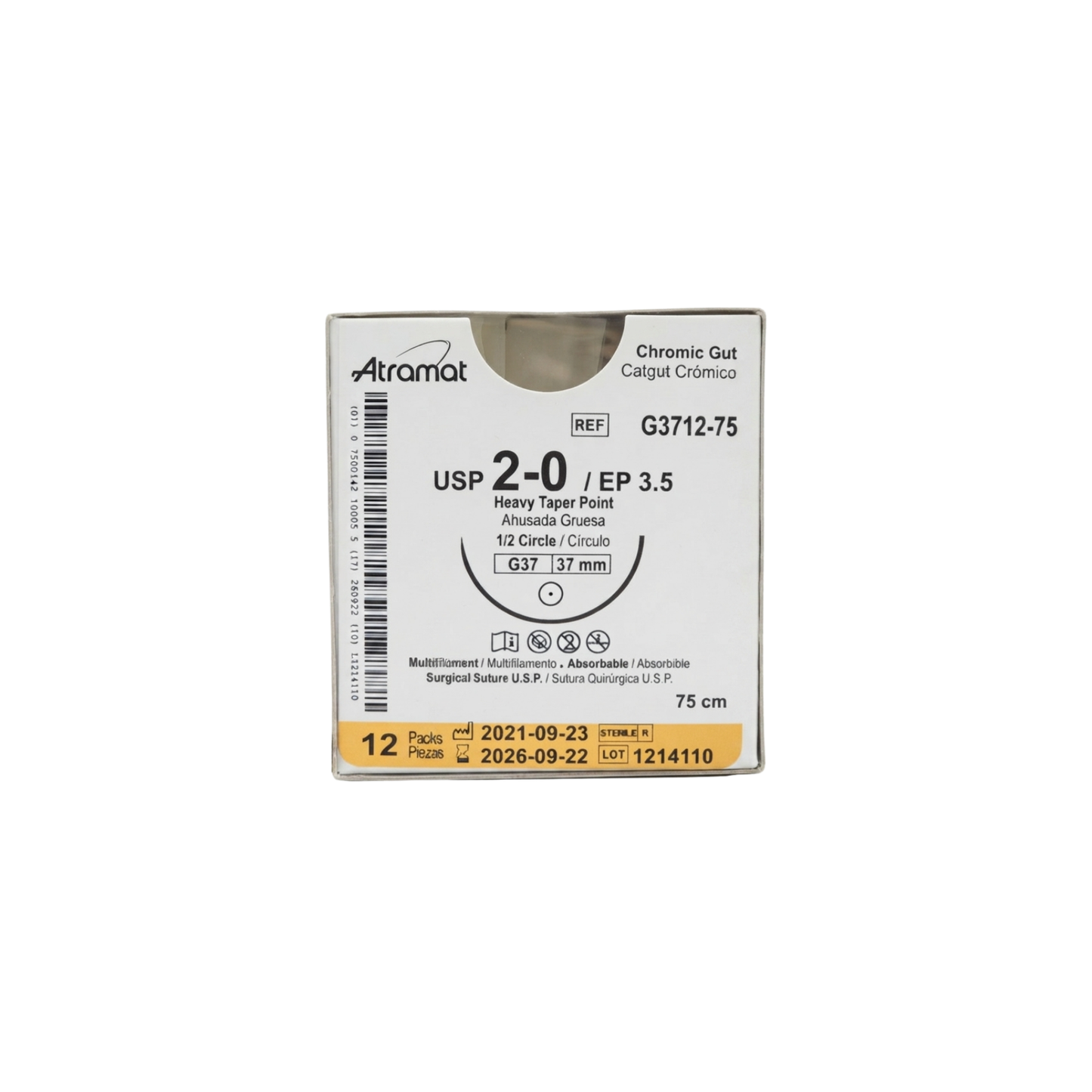Hilo Catgut Crómico 2-0, Aguja 1/2 círculo ahusada gruesa 37 mm, Hebra 75 cm, Marca Atramat, Caja con 12 piezas