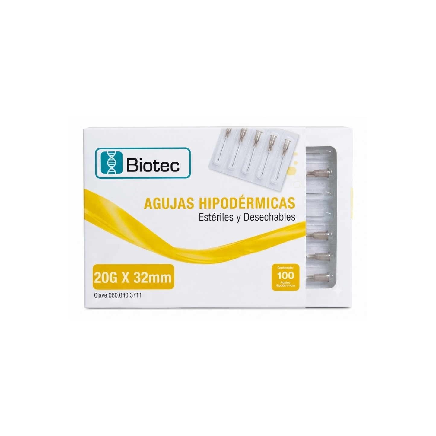 AGUJAS HIPODERMICAS ESTERILES Y DESECHABLES 20G X 32MM MARCA BIOTEC CAJA CON 100 PIEZAS