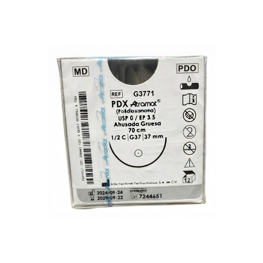 Hilo PDX (Polidioxanona) Calibre 0, 37mm,70 cm, 12 pz, Ahusada gruesa. Atramat