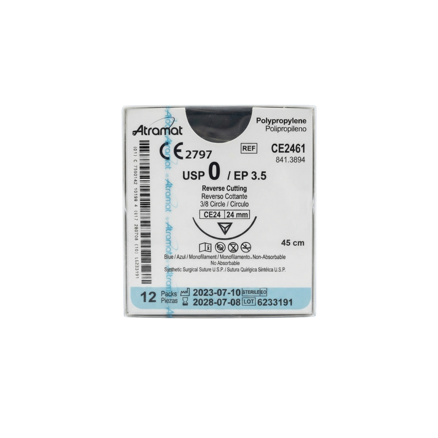 Hilo Polipropileno 0, Aguja 3/8 círculo reverso cortante 24 mm, Hebra 45 cm, Marca Atramat, Caja con 12 piezas