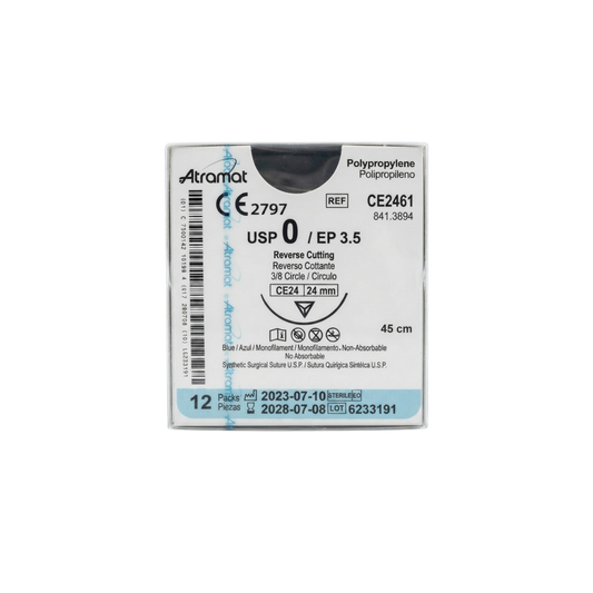Hilo Polipropileno 0, Aguja 3/8 círculo reverso cortante 24 mm, Hebra 45 cm, Marca Atramat, Caja con 12 piezas