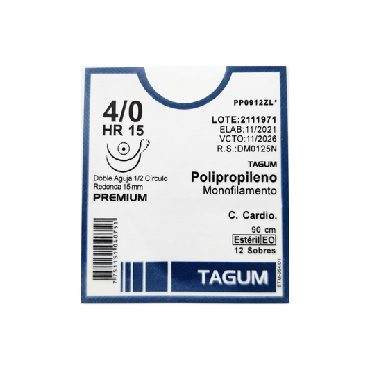 Hilo Polipropileno 4-0, Doble aguja medio círculo redonda, 15 mm, Hebra 90 cm Marca Tagum Caja con 12 Piezas