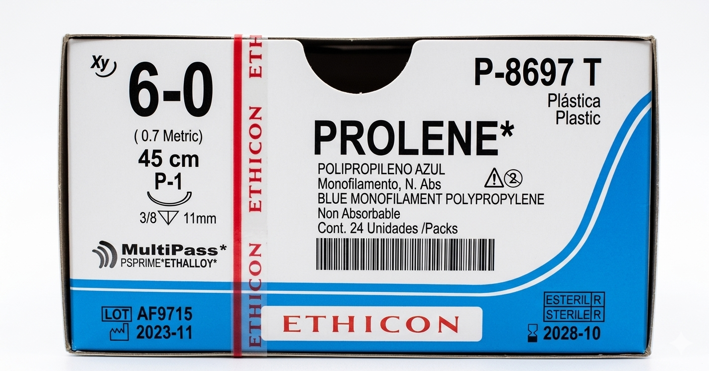 Sutura Polipropileno Azul 6-0, Aguja 3/8 círculo cortante 11 mm, Hebra 45 cm, Marca Ethicon, Caja con 24 piezas
